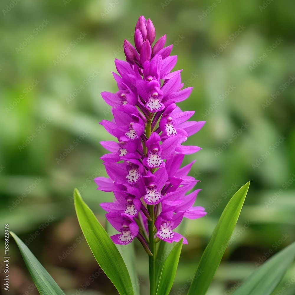 Obraz premium A vibrant purple orchid with striking petals stands tall amidst lush green foliage, showcasing nature's beauty.