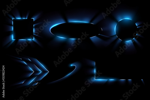 Blue light frames and design elements on black background