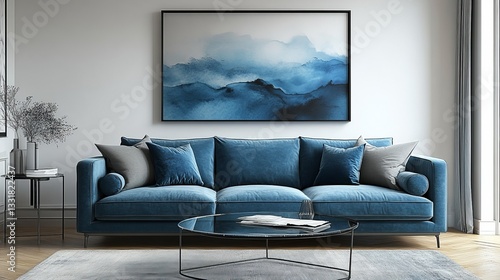 Modern Living Room with Teal Velvet Sofa and Abstract Blue Wall Art