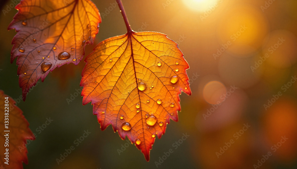 Autumn leaves with droplets lit by golden sunlight, Morning dew on flowers, Blooming fields Autumn leaves with droplets lit by golden sunlight, Morning dew on flowers, Blooming fields