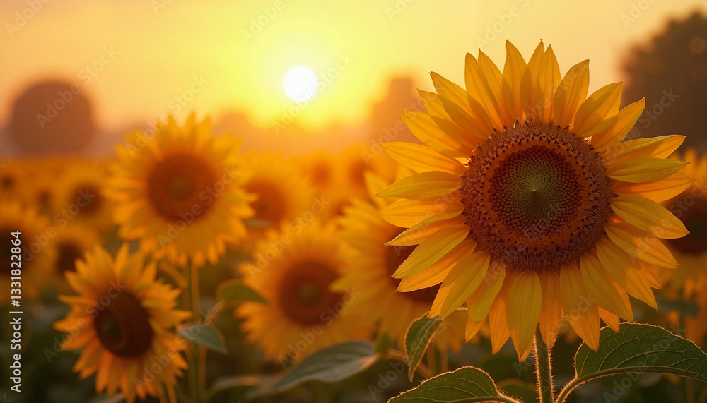 Obraz premium Sunflower blooming under sunset sky, Morning dew on flowers, Blooming fields