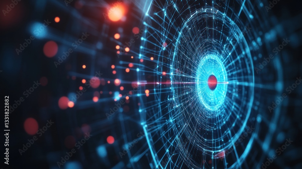 Obraz premium Abstract Digital Network, Futuristic Technology, Data Flow Visualization, Circular Network, Blue and Red Hues, Connecting Nodes, Digital Art, High-Tech Background