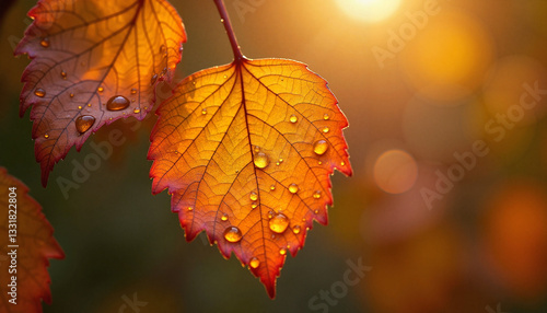 Autumn leaves with droplets lit by golden sunlight, Morning dew on flowers, Blooming fields