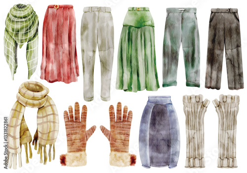 Watercolor Winter Fashion Illustration Set, Hand Painted, Realistic, Cold Weather Outfit, Cozy Apparel, Scarf, Gloves, Skirt, Trousers, Pants