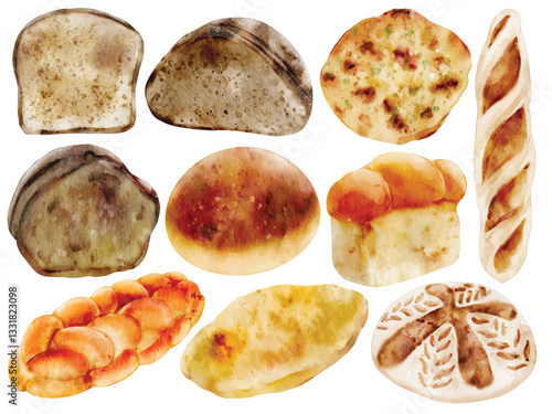 Watercolor Bread Illustration Set, Hand Painted, Realistic, Artisan Bakery, Fresh Baked, Rustic, Sourdough, Whole Wheat, Baguette, Brioche