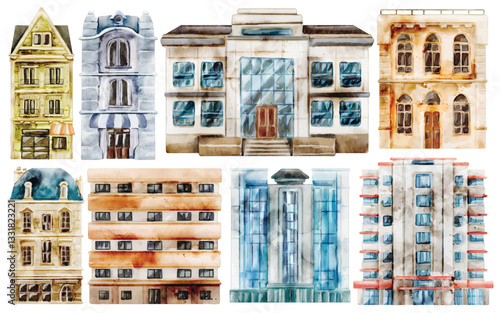 Watercolor Urban Architecture Illustration Set, Hand Painted, Realistic, City Buildings, Modern, Classic, Vintage, Skyscraper, Office Building, Apartment, Townhouse