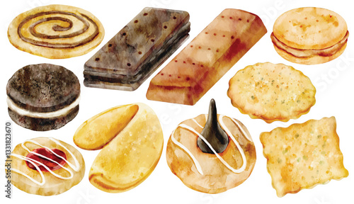 Watercolor Biscuit and Cookie Illustration Set, Hand Painted, Realistic, Sweet, Chocolate, Sandwich Biscuit, Fortune Cookie, Wafer, Cracker, Shortbread, Butter Cookie, Jam-filled, Classic, Dessert
