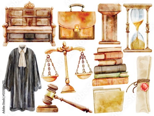 Watercolor Law and Justice Illustration Set, Hand Painted, Realistic, Courtroom, Judge Robe, Scales of Justice, Gavel, Law Books, Briefcase, Legal Document, Hourglass, Court Bench, Legal Concept