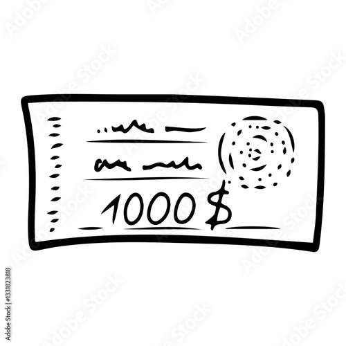 Money check for one thousand dollars. Hand drawn doodle. Security paper. Presentation of bills of exchange at the bank. Payment for services. Vector line art illustration.