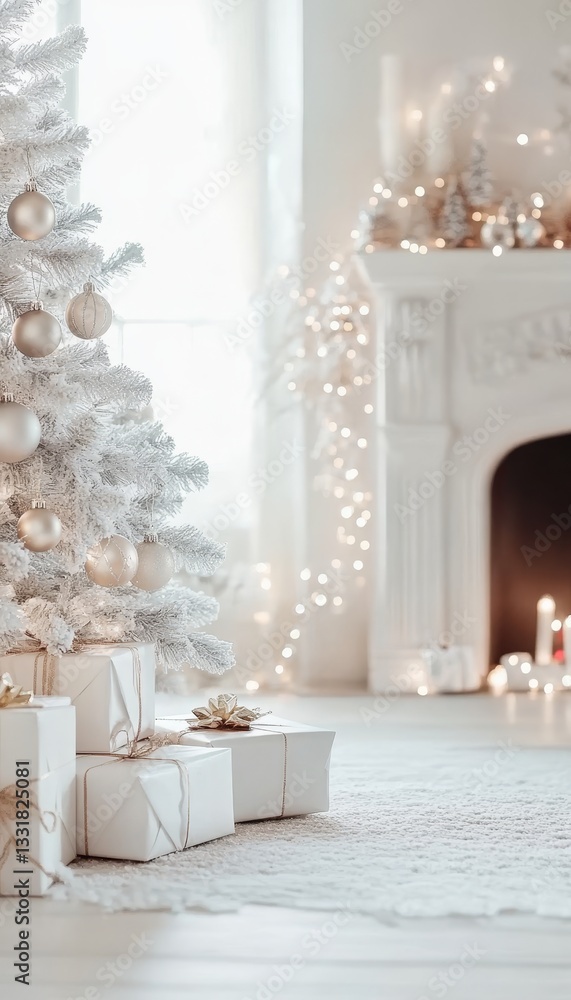 Fototapeta premium Christmas Presents under Tree, White Fireplace, Cozy Scandinavian Interior Decor, Winter Holidays