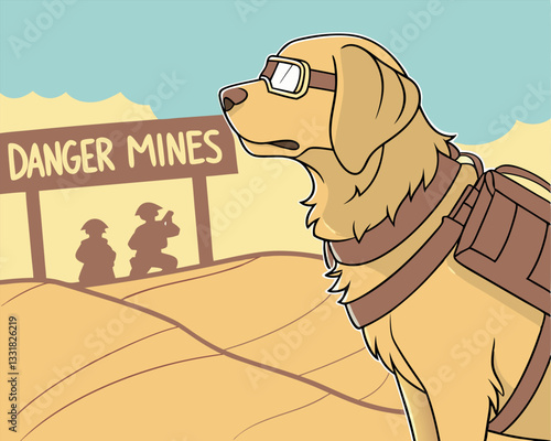 Mine Detection Dog in Minefield with Warning Sign