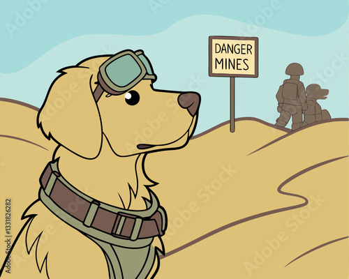 Mine Detection Dog in Minefield with Warning Sign