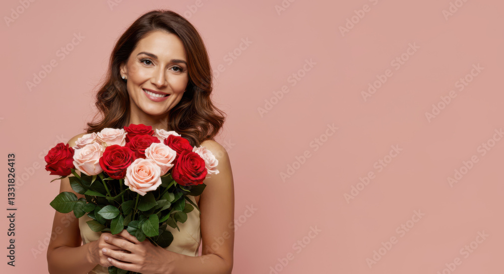 A smiling mother holding a bouquet of roses, standing on the left side, solid pastel pink background, soft lighting, realistic style, empty space on the right for text A smiling mother holding a bouquet of roses, standing on the left side, solid pastel pink background, soft lighting, realistic style, empty space on the right for text