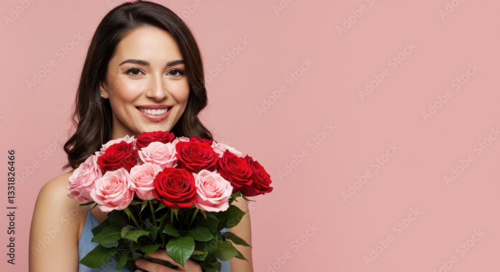 A smiling mother holding a bouquet of roses, standing on the left side, solid pastel pink background, soft lighting, realistic style, empty space on the right for text A smiling mother holding a bouquet of roses, standing on the left side, solid pastel pink background, soft lighting, realistic style, empty space on the right for text