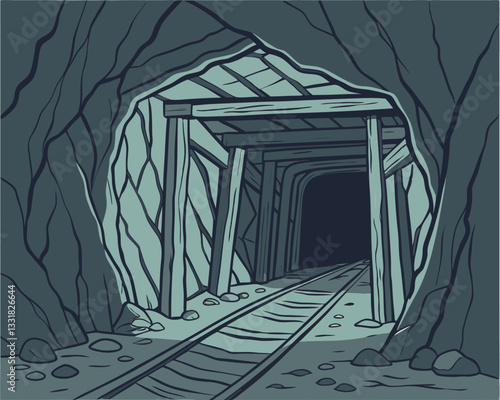 Dark Underground Mine Shaft Entrance with Railway Tracks