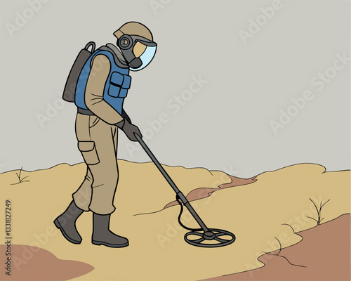 Astronaut with Metal Detector on Alien Planet Surface Illustration