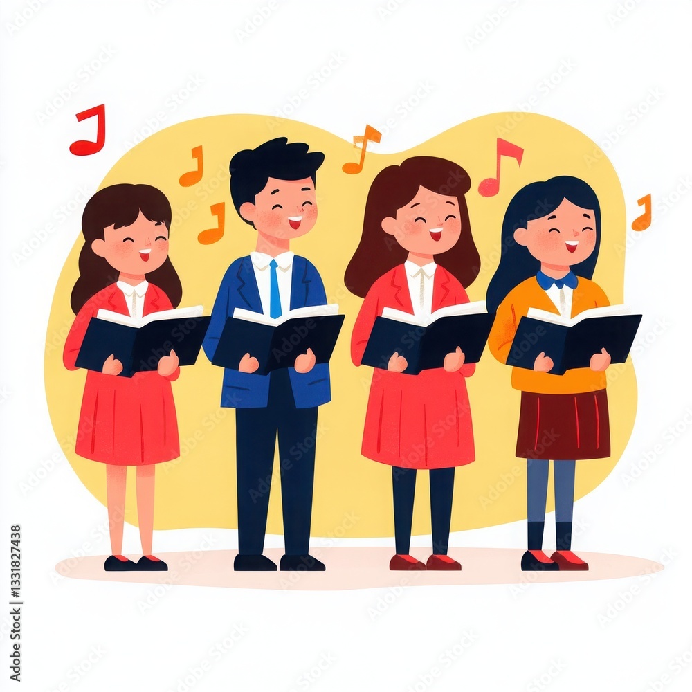 Four children singing together, holding books, with music notes floating above them in a colorful, cheerful setting.