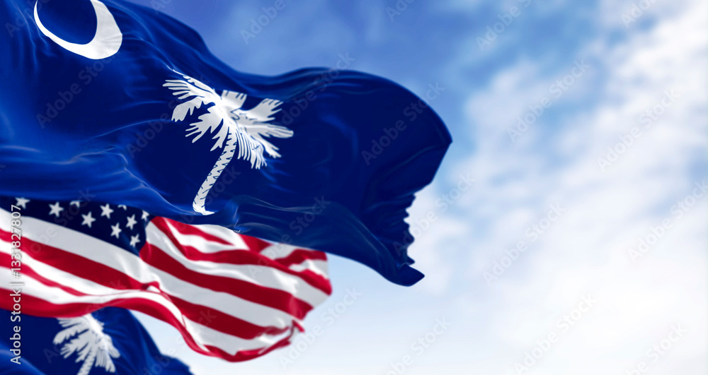 Fototapeta premium South Carolina state flags waving with the US flag