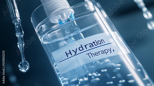 IV bag with hydration therapy label, clear liquid dripping.