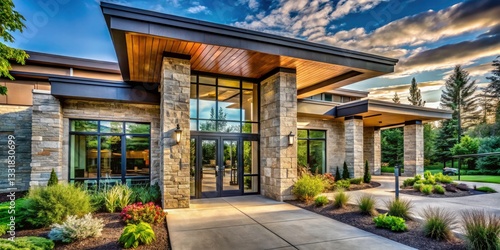 Wallpaper Mural Modern Stone Building Entrance with Large Windows and Welcoming Design in Suburban Area for Candid Photography Torontodigital.ca