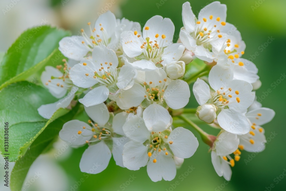 Fototapeta premium Delicate white blossoms blooming in spring with vibrant yellow anthers on tree branches in a lush green environment