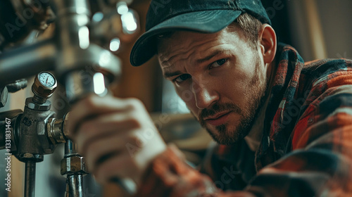 Wallpaper Mural Focused craftsman working on industrial pipe system repair cap male beard plaid shirt metal gauge Torontodigital.ca