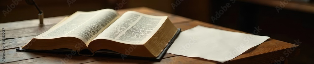 Fototapeta premium A closed Bible rests on a wooden table with a single sheet of paper folded under it, desk, elegant