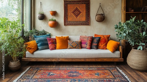 Rustic Living Room with Colorful Pillows and Woven Decor