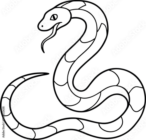 Monochrome outline of a curled snake with a detailed head and body, great for zoological prints, educational materials, and wildlife conservation branding.
