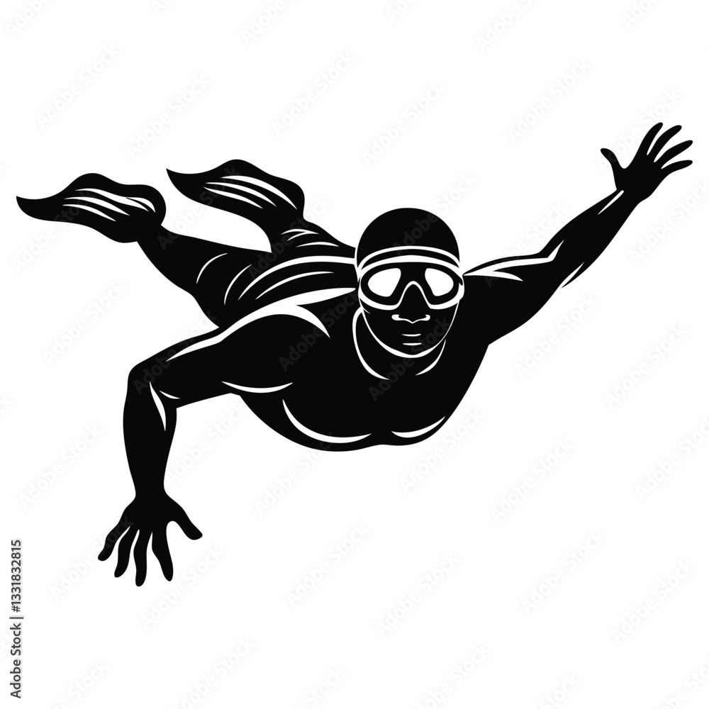 Scuba diver silhouette in cutout art style, Silhouette of a Scuba Diver Swimming Underwater, Black Minimalist Vector Design Scuba diver silhouette in cutout art style, Silhouette of a Scuba Diver Swimming Underwater, Black Minimalist Vector Design