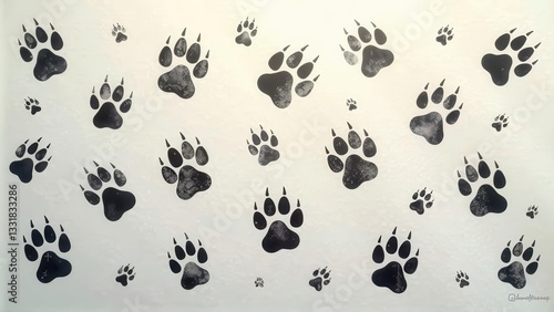 A Seamless Pattern of Distressed Black Animal Paw Prints on a Light Beige Background, Ideal for Fabric, Wallpaper, or Decorative Projects