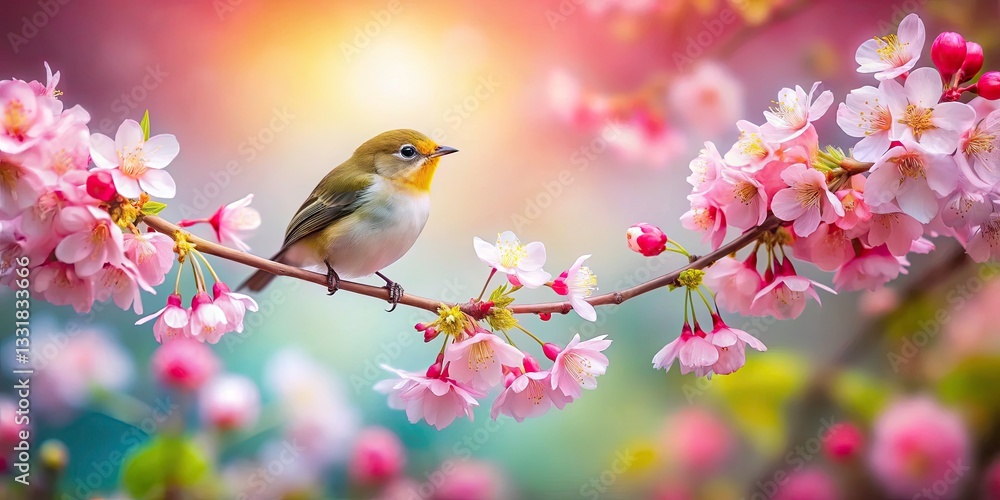 Serene Small Bird on a Blooming Branch - Long Exposure Photography of Nature's Beauty Serene Small Bird on a Blooming Branch - Long Exposure Photography of Nature's Beauty