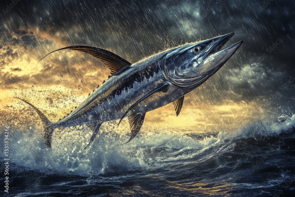 Fototapeta premium Majestic tuna leaps from turbulent ocean waves under dramatic stormy sky at dusk