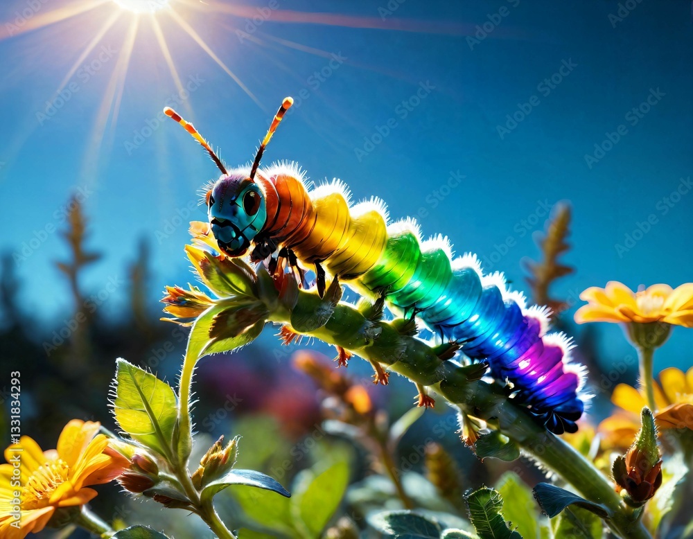 Fototapeta premium A vibrant rainbow caterpillar crawls on a green plant under a bright sun, set against a clear blue sky in a natural outdoor setting.