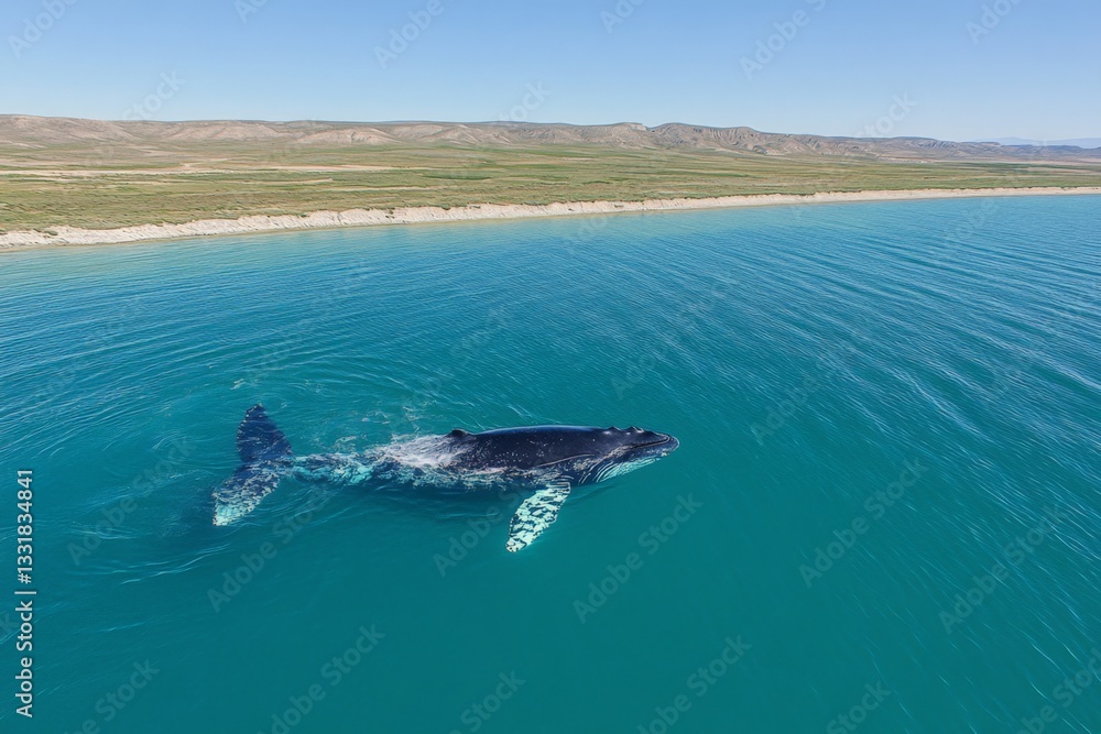 Naklejka premium Humpback whale gracefully swimming in clear blue waters near coastal landscape at midday