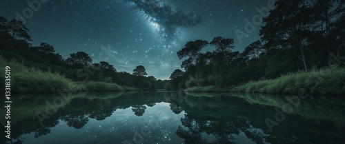 Wallpaper Mural Stars reflect in a tranquil pond under the night sky in a remote natural setting. Torontodigital.ca