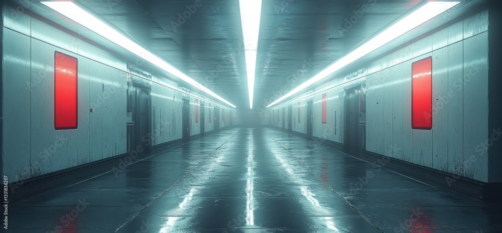 Fototapeta premium Futuristic Industrial Minimalist Concrete Underground Parking Space with Dim Ambient Lighting and Sleek Panels