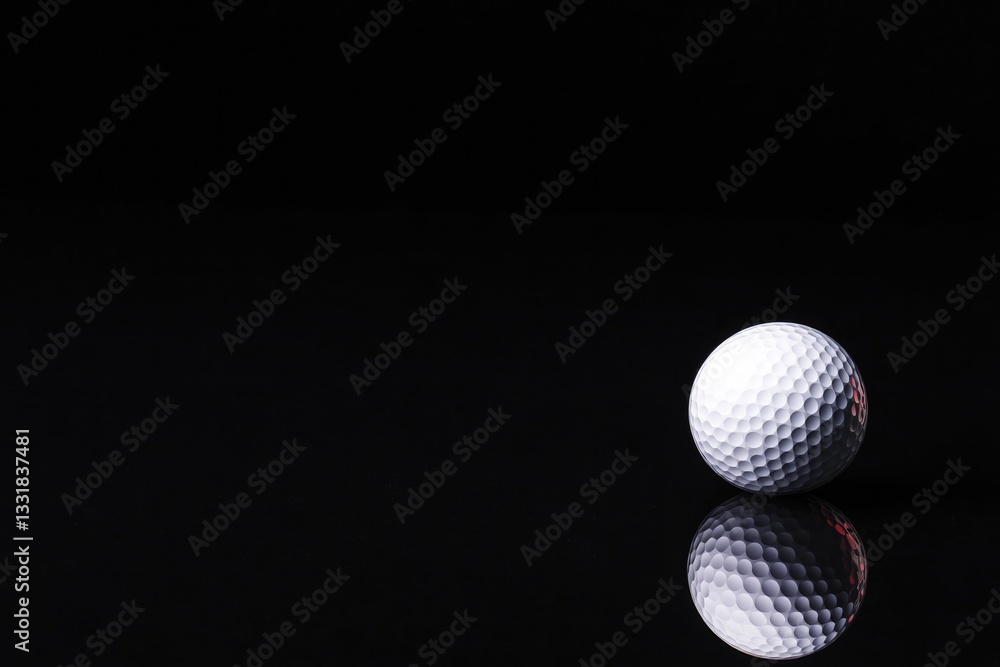 White golf ball resting on sleek black surface, reflecting light White golf ball resting on sleek black surface, reflecting light