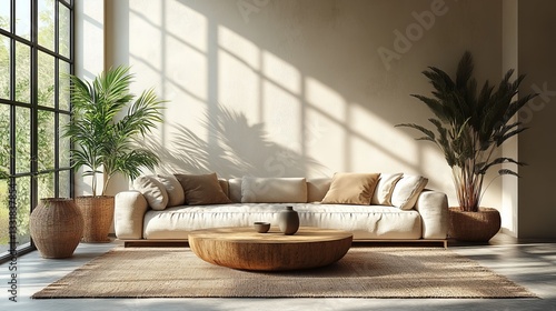 Sunlit Living Room Interior with Beige Sofa and Wooden Coffee Table