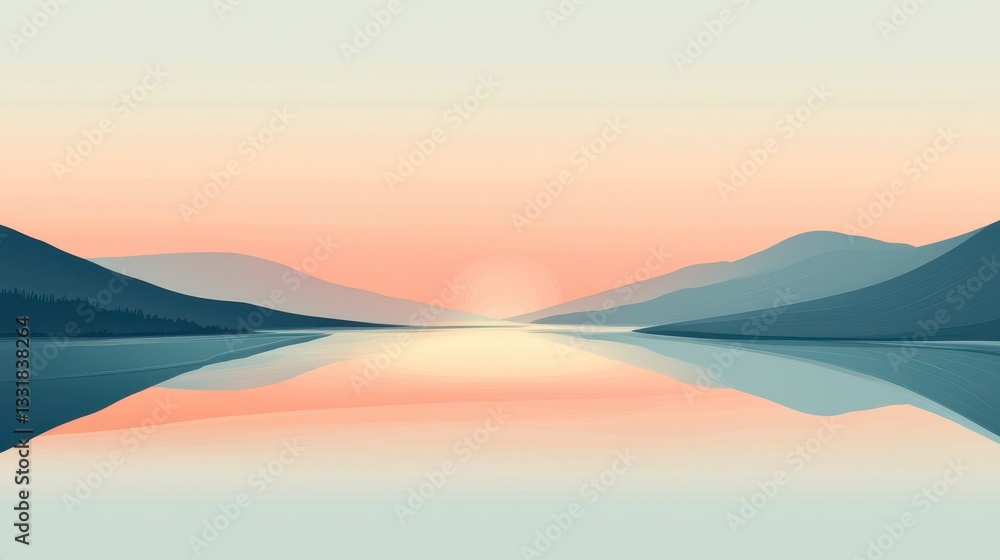 Serene Sunset over Calm Lake and Mountains Minimalist Landscape Illustration Serene Sunset over Calm Lake and Mountains Minimalist Landscape Illustration
