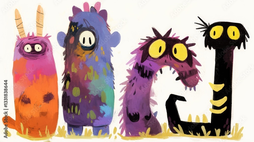 Obraz premium Colorful cartoon monsters with big eyes and teeth.