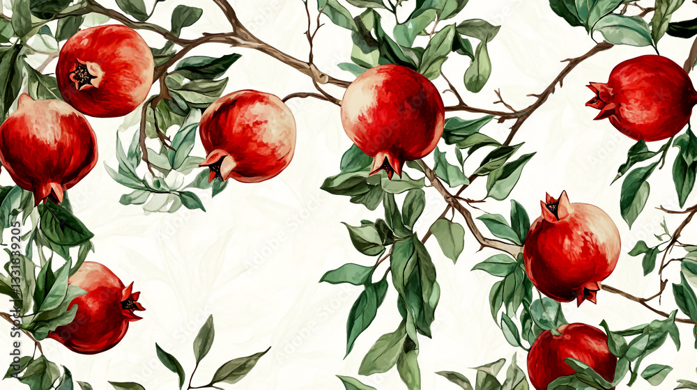 Fototapeta premium Red pomegranates on the tree with white background, green leaves