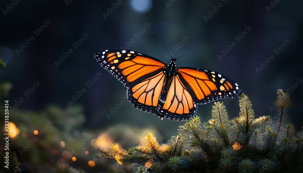 Fototapeta premium A monarch butterfly, its orange and black wings glowing softly, stands out against the dark background of the night, exuding a sense of delicate beauty and natural wonder