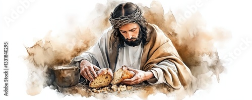 Breaking of Bread Communion: Jesus in Biblical Sacrifice and Christian Art Illustration. Digital watercolor illustration