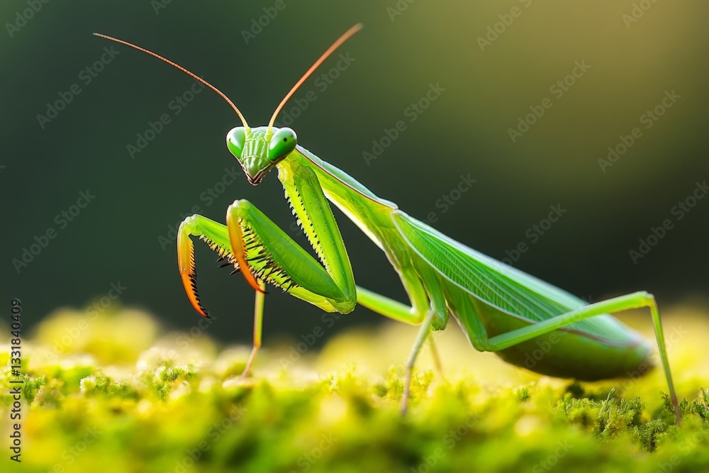 Detailed view of a green mantis resting on moss in a natural setting during daylight Detailed view of a green mantis resting on moss in a natural setting during daylight