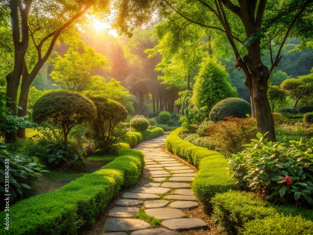 Obraz premium Serene Garden Path: Tranquil Landscape Photography, Lush Greenery, Winding Walkway, Nature Escape