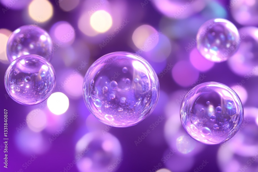 Vibrant bubbles floating against a purple backdrop create a magical atmosphere of light and movement Vibrant bubbles floating against a purple backdrop create a magical atmosphere of light and movement