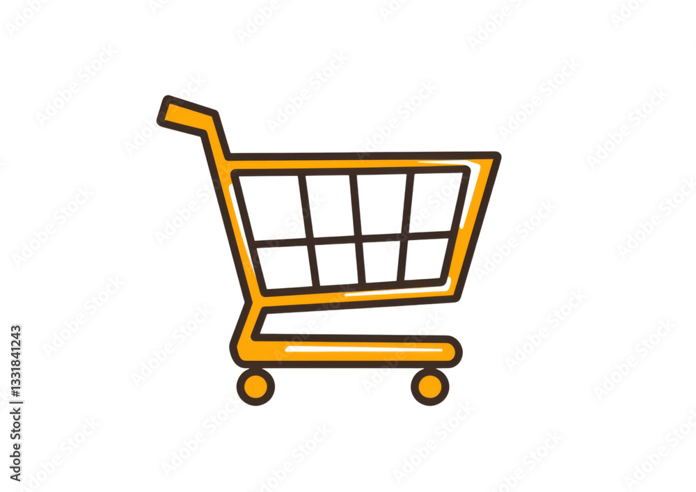 isolated transparent Background. Shopping cart icon in gold line art style, symbolizing online shopping