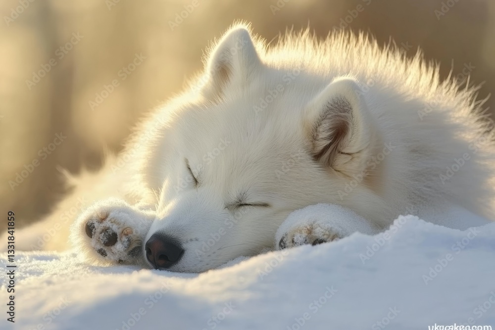Fototapeta premium Snowy samoyed dog peacefully sleeping under warm sunlight in a winter landscape