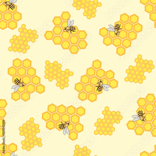 Seamless pattern, pale yellow background with honeycombs of different sizes and bees, made in classic black and yellow shades. Natural, warm style.